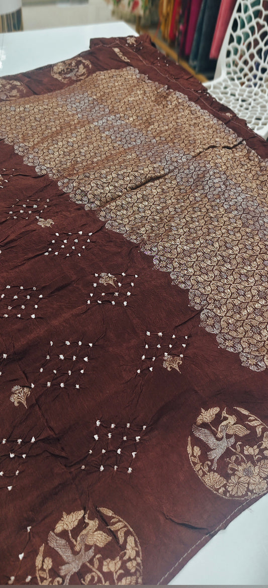 Chocolate Brown Pure Bandhani Georgette Saree with Zari Weaving & Bird Motifs