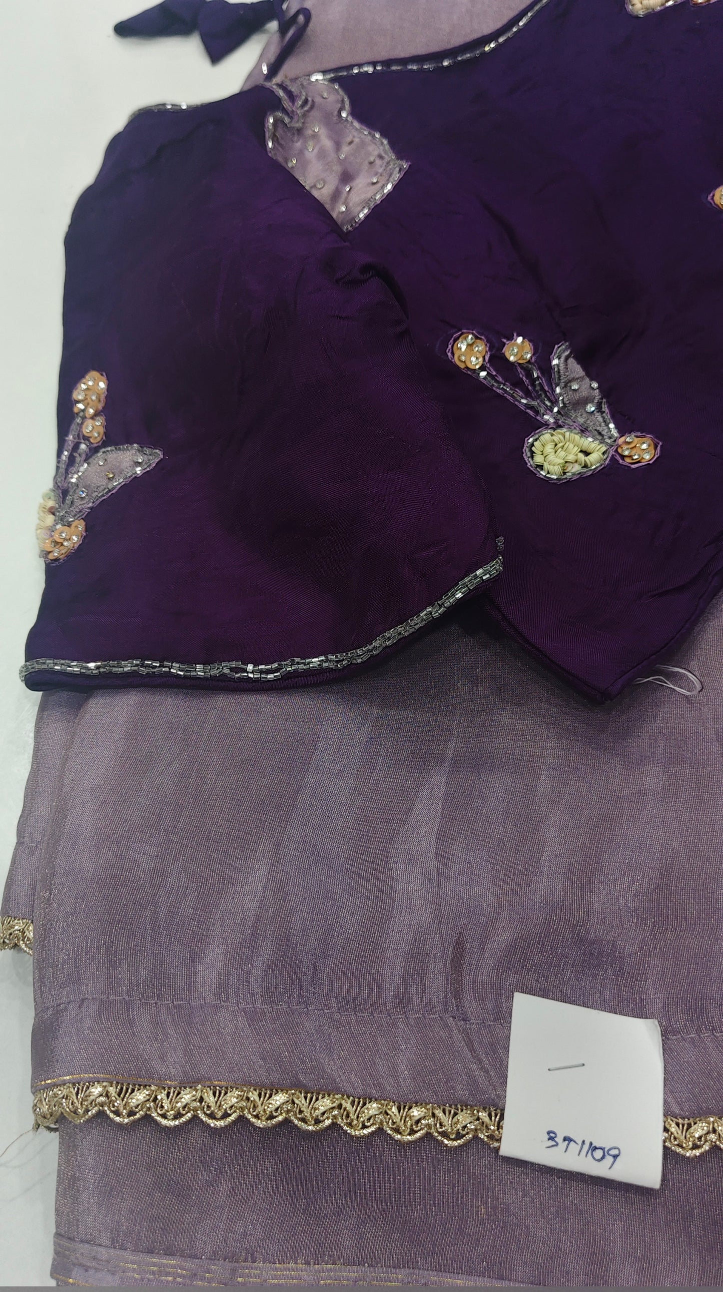 Mauve Tissue Organza Saree with Applique Work & Stitched Purple Blouse