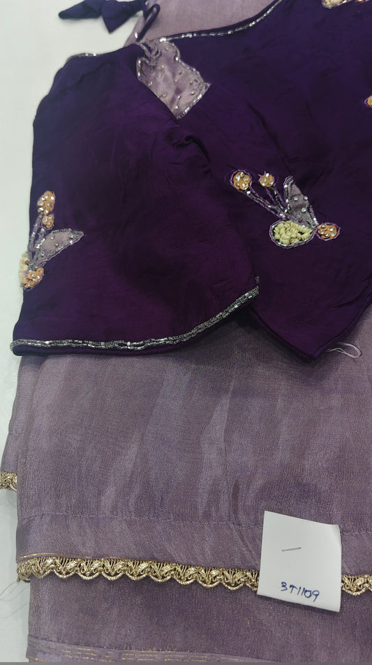 Mauve Tissue Organza Saree with Applique Work & Stitched Purple Blouse