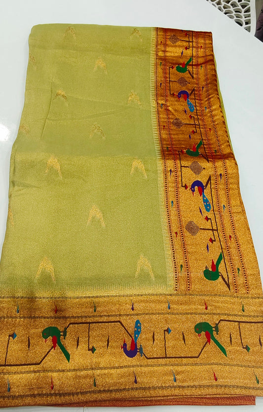 Pista Green Banarasi Tissue Silk Saree with Paithani Muniya Border
