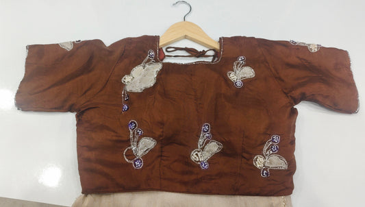 Beige Tissue Saree with All-Over Applique Work & Copper Brown Stitched Blouse