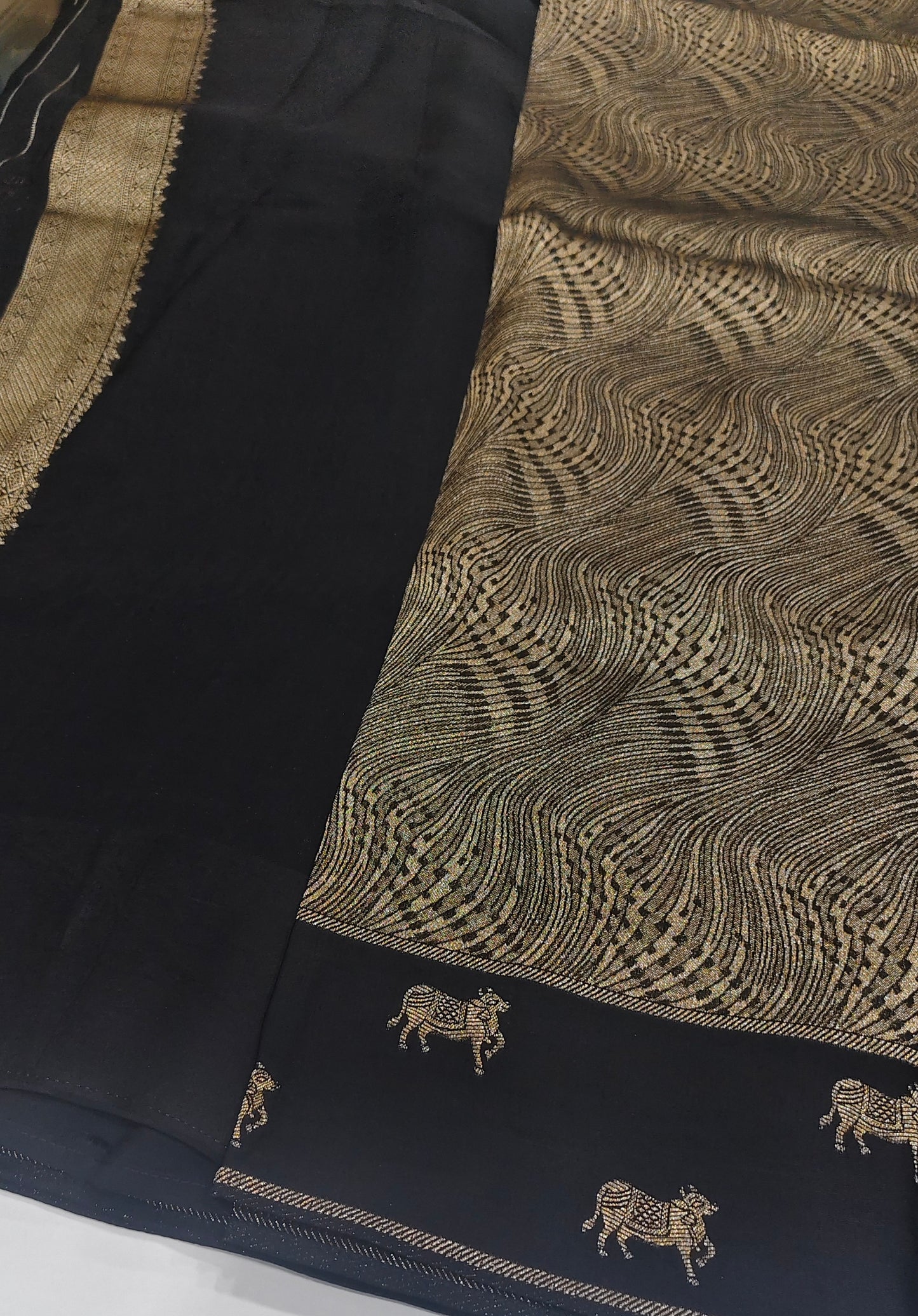 Black & Antique Gold Banarasi Saree with Pichwai Cow Motifs Border