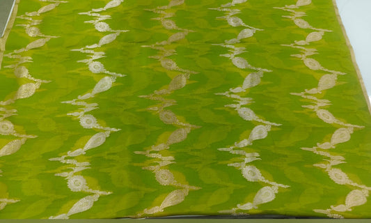 Lime Green Pure Banarasi Organza Saree with Kadwa Weaving & Teal Blouse
