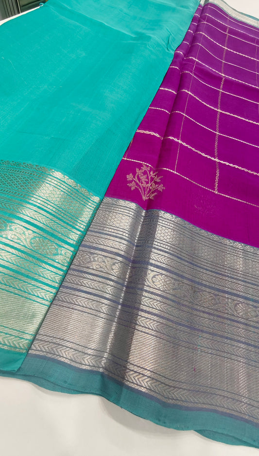Magenta Purple Pure Handloom Mangalagiri Pattu Saree with Teal Kanchi Border