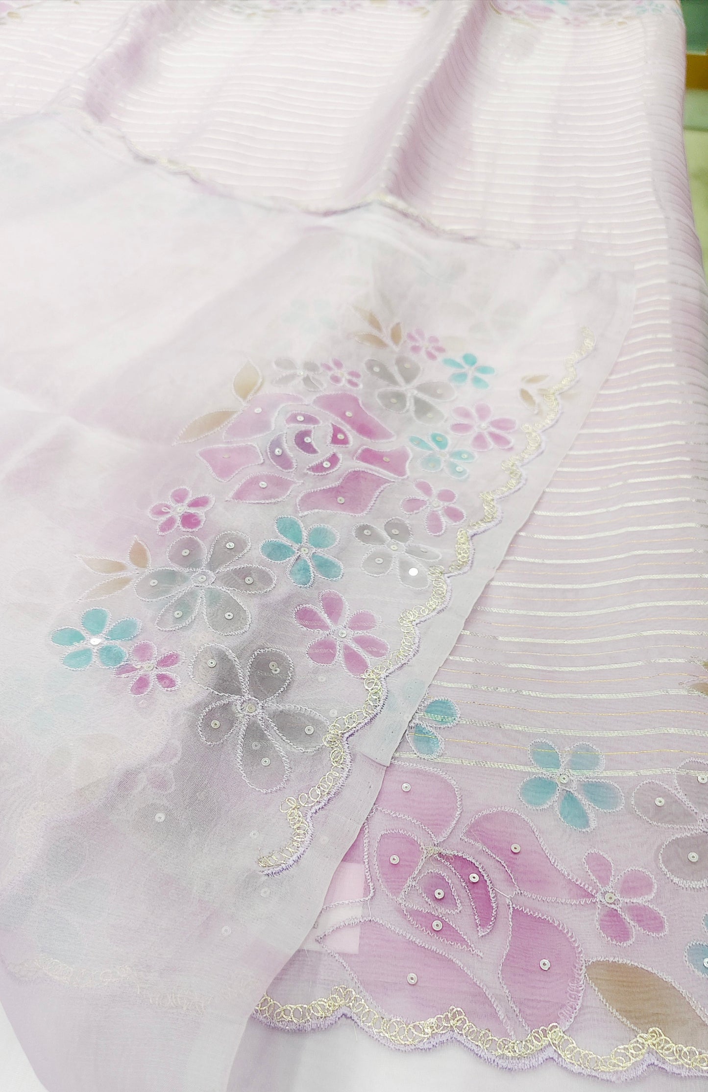 Pastel Lilac Pure Organza Saree with Cutwork Border & Sequin Embroidery