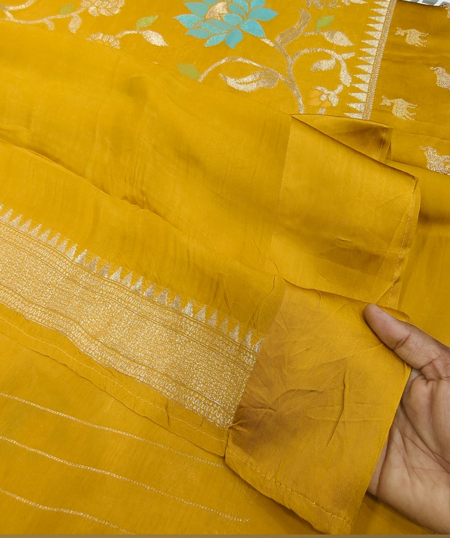 Mustard Yellow Munga Tussar Silk Saree with Floral Jaal & Animal Border