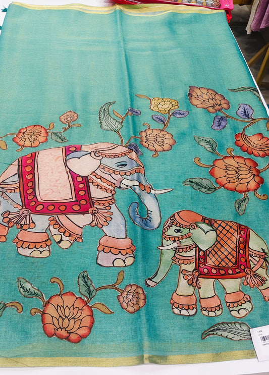 Linen Saree with Kalamkari Applique Work & Printed Blouse