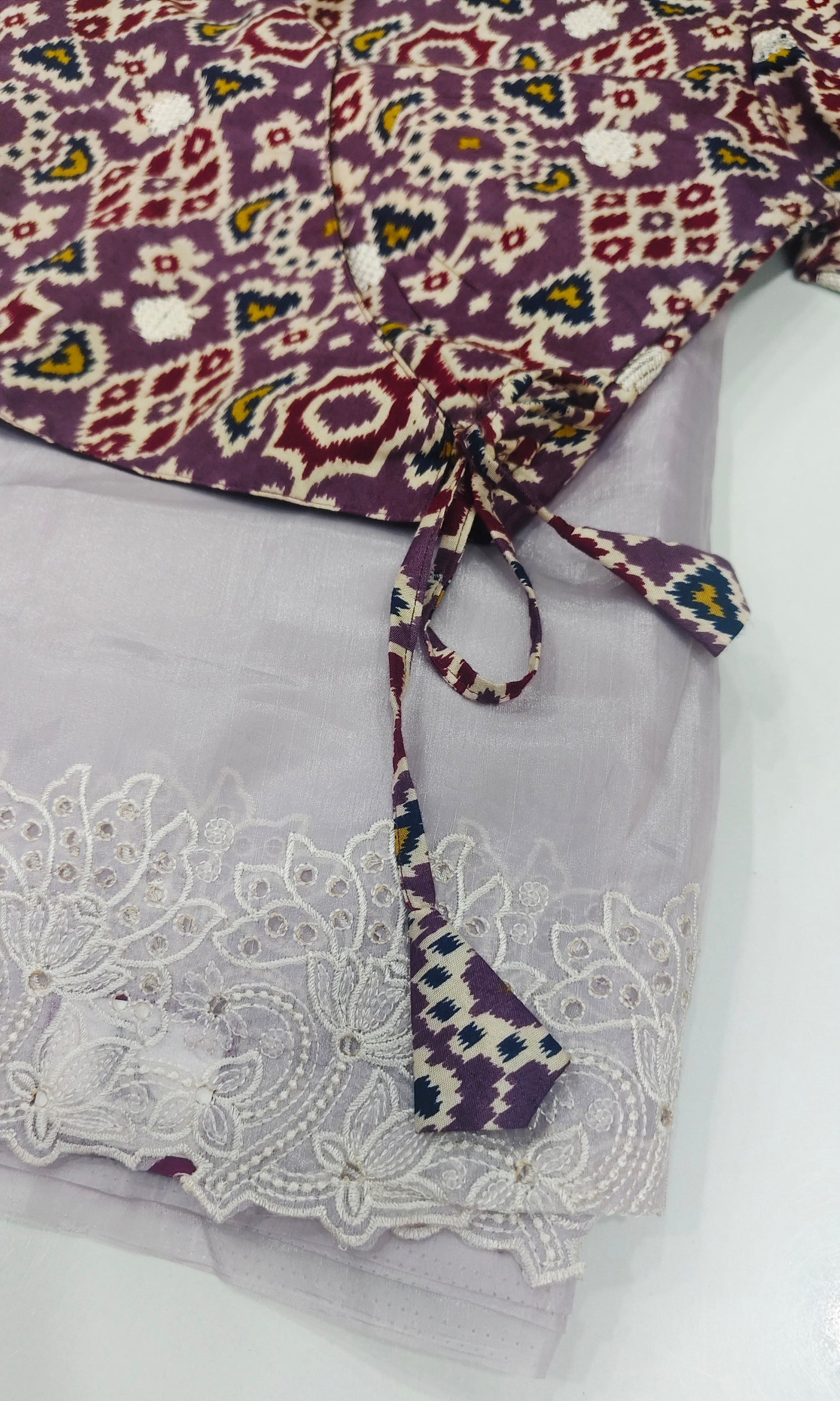 Lilac Tissue Saree with Chikankari Cutwork Border & Pochampally Ikat Blouse