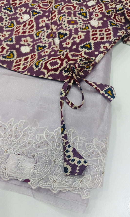 Lilac Tissue Saree with Chikankari Cutwork Border & Pochampally Ikat Blouse