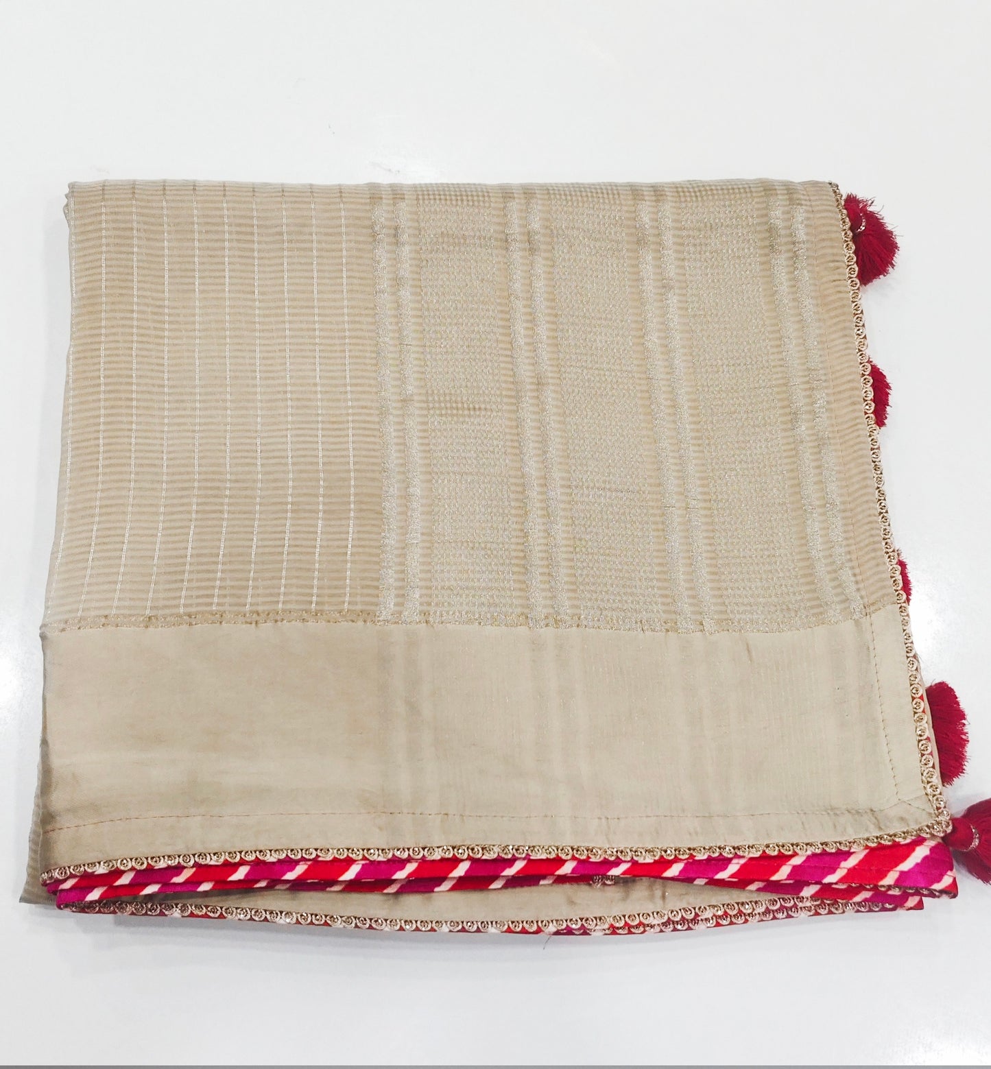 Beige Tissue Silk Saree with Pink Leheriya Designer Blouse & Embroidered Belt