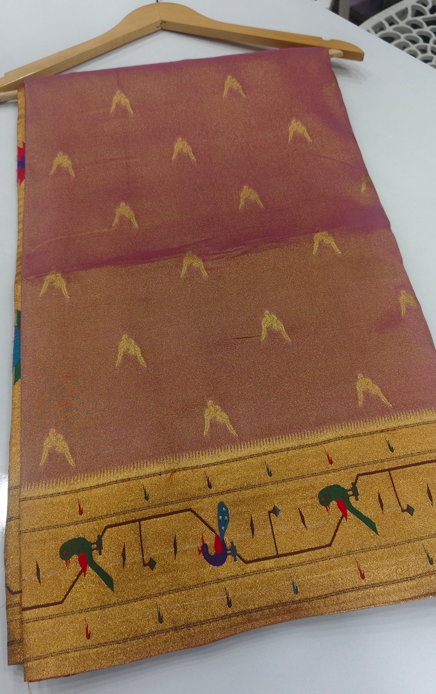 Onion Pink Banarasi Tissue Silk Saree with Paithani Muniya Border