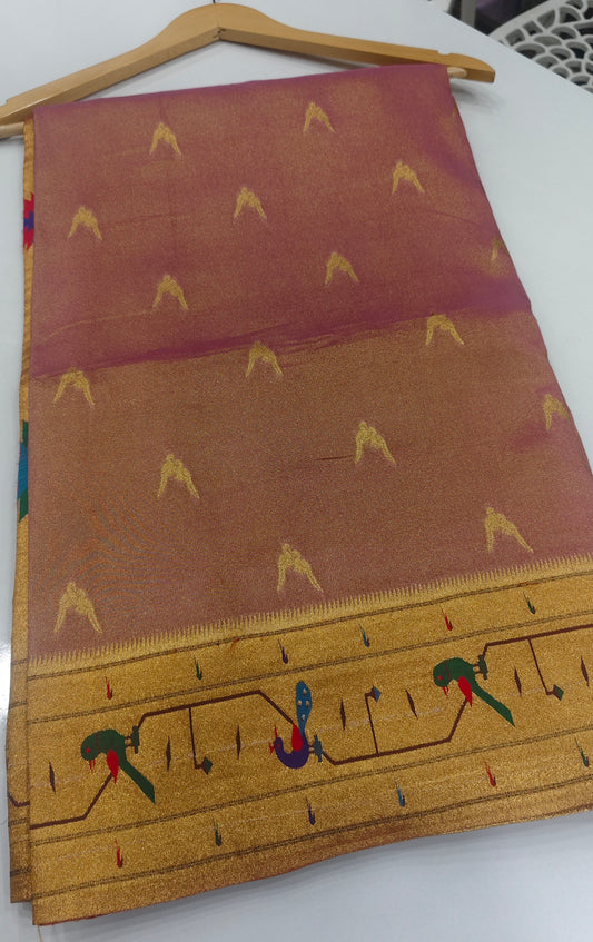 Onion Pink Banarasi Tissue Silk Saree with Paithani Muniya Border