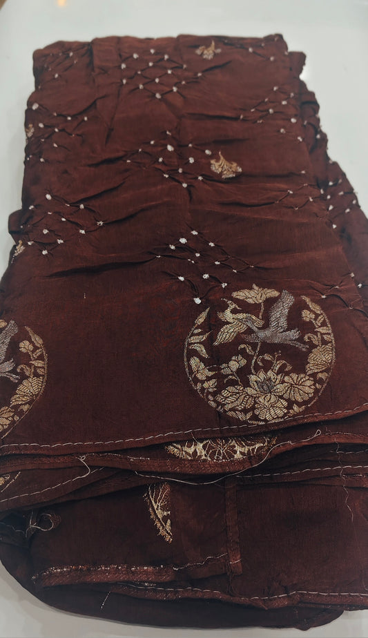 Chocolate Brown Pure Bandhani Georgette Saree with Zari Weaving & Bird Motifs