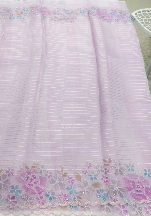 Pastel Lilac Pure Organza Saree with Cutwork Border & Sequin Embroidery