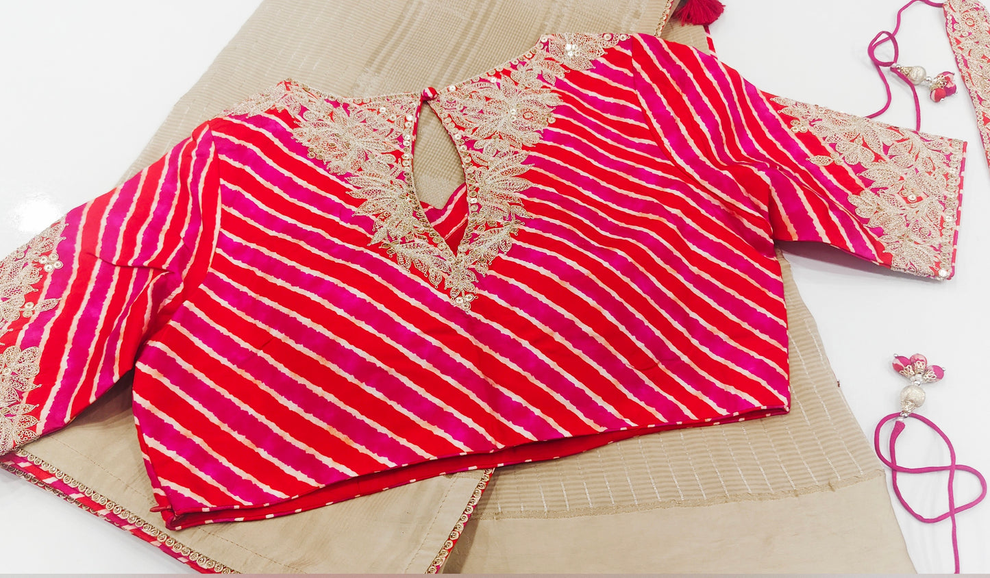 Beige Tissue Silk Saree with Pink Leheriya Designer Blouse & Embroidered Belt