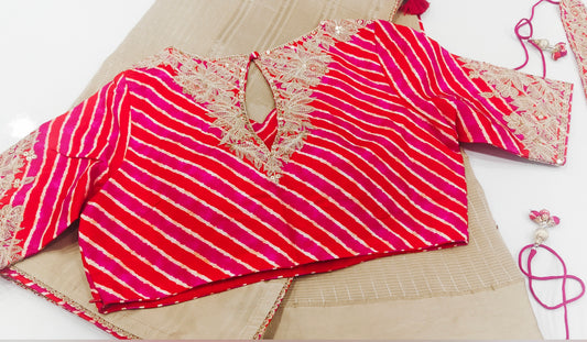 Beige Tissue Silk Saree with Pink Leheriya Designer Blouse & Embroidered Belt