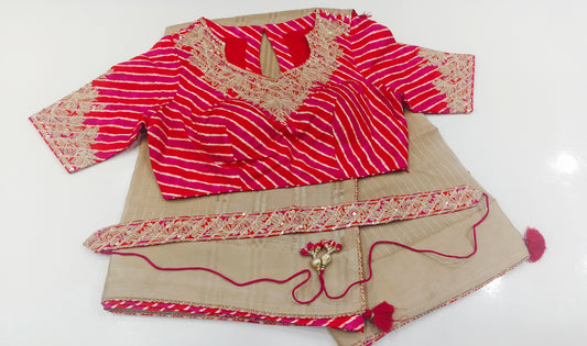 Beige Tissue Silk Saree with Pink Leheriya Designer Blouse & Embroidered Belt