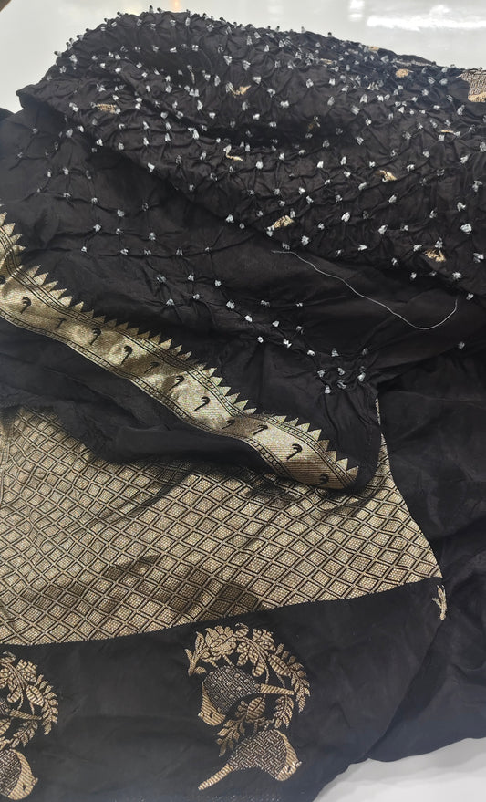Black Pure Bandhani Georgette Saree with Zari Border & Bird Motifs