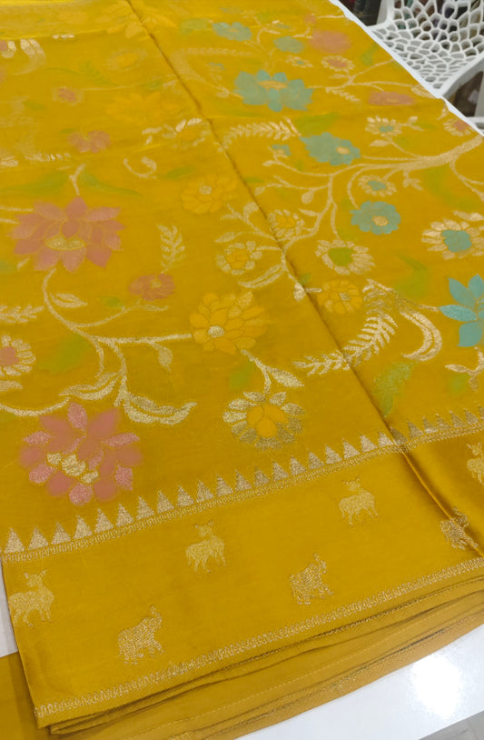 Mustard Yellow Munga Tussar Silk Saree with Floral Jaal & Animal Border