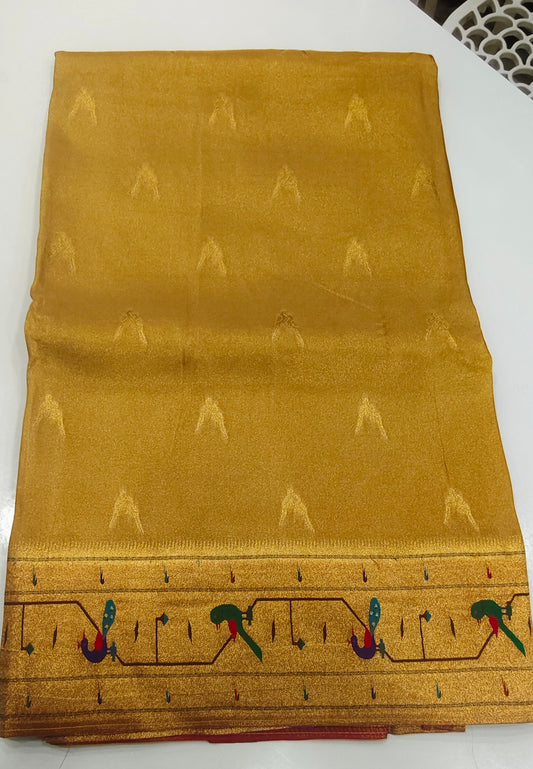 Mustard Gold Banarasi Tissue Silk Saree with Paithani Muniya Border