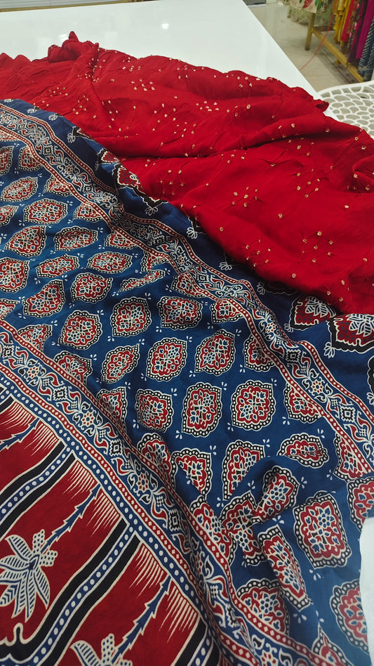Red Bandhani Georgette Saree with Ajrakh Printed Pallu & Blouse