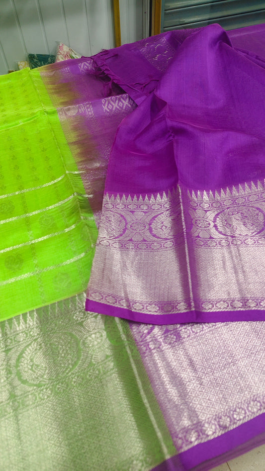 Parrot Green Pure Handloom Mangalagiri Pattu Saree with Purple Silver Kanchi Border