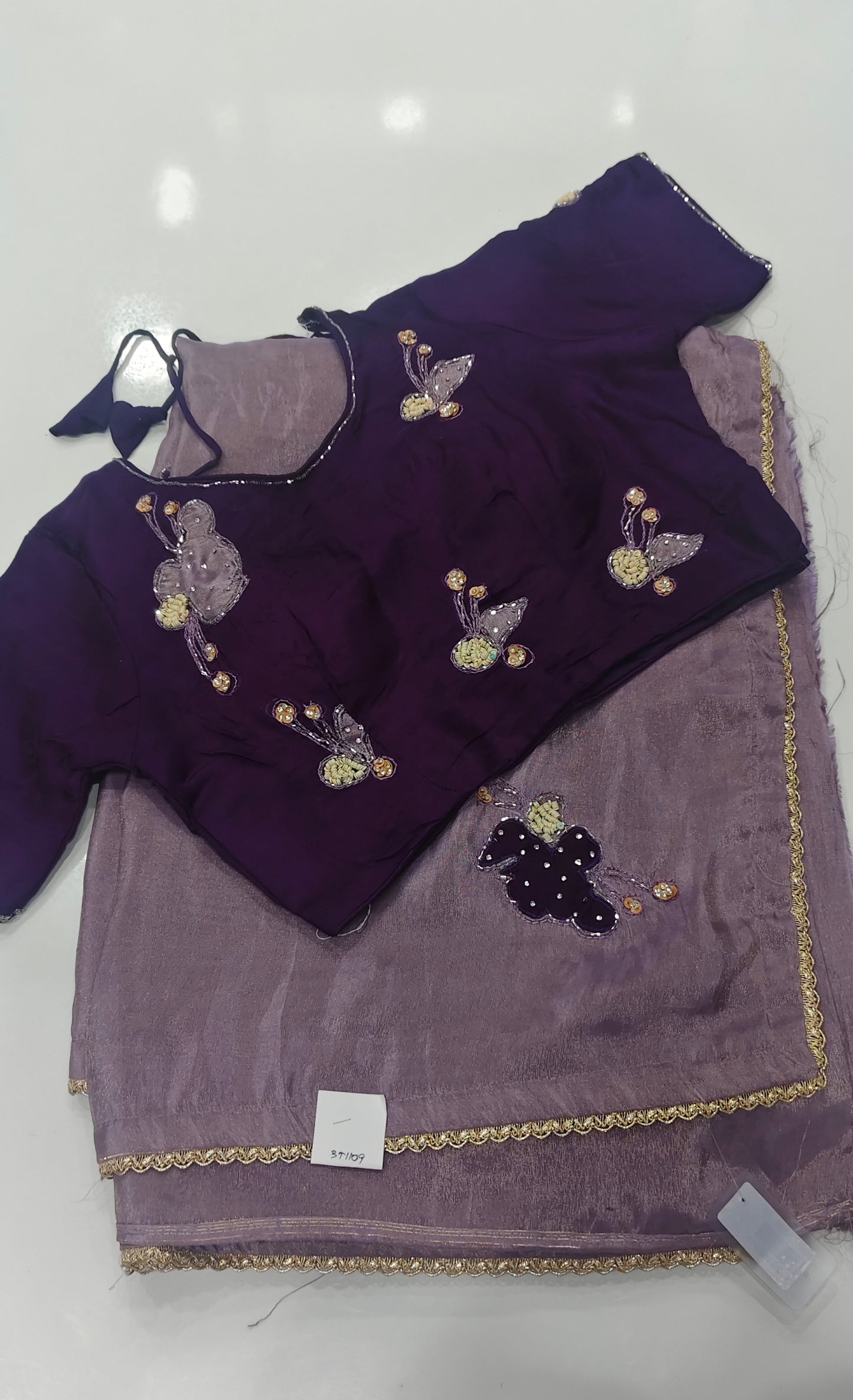 Mauve Tissue Organza Saree with Applique Work & Stitched Purple Blouse