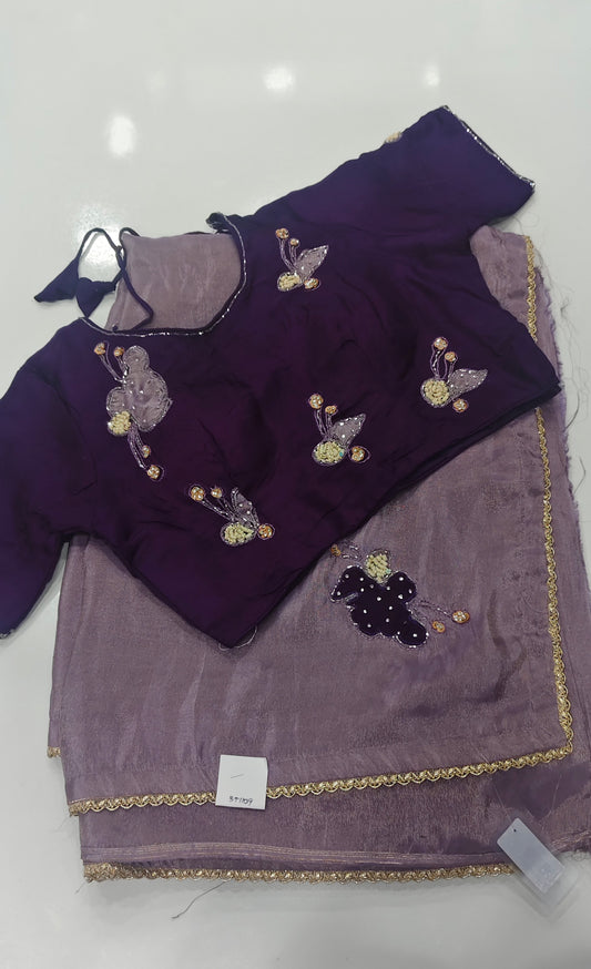 Mauve Tissue Organza Saree with Applique Work & Stitched Purple Blouse