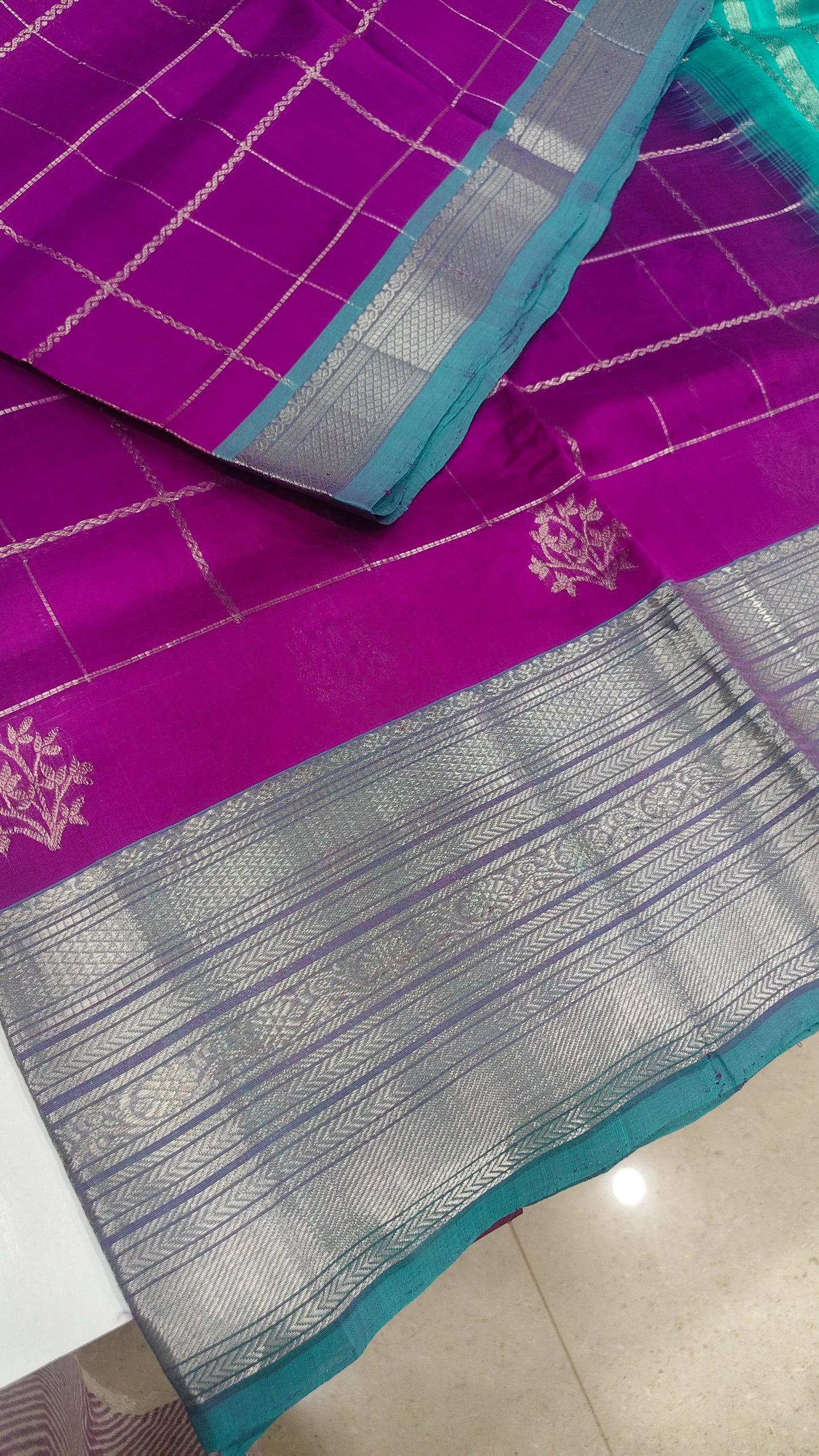 Magenta Purple Pure Handloom Mangalagiri Pattu Saree with Teal Kanchi Border