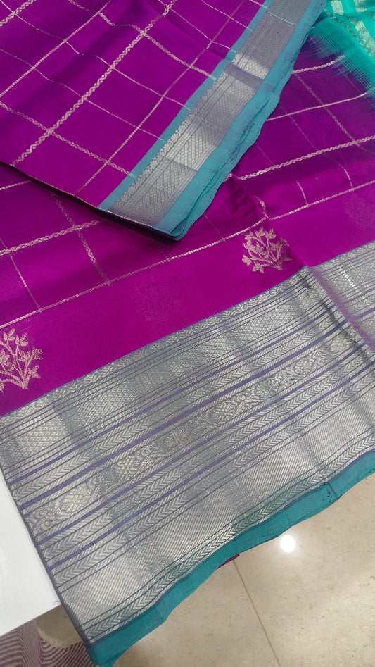 Magenta Purple Pure Handloom Mangalagiri Pattu Saree with Teal Kanchi Border