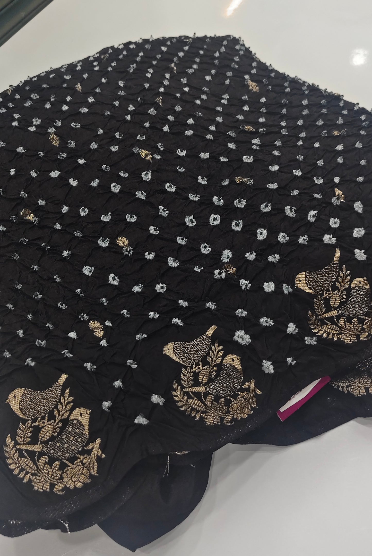 Black Pure Bandhani Georgette Saree with Zari Border & Bird Motifs