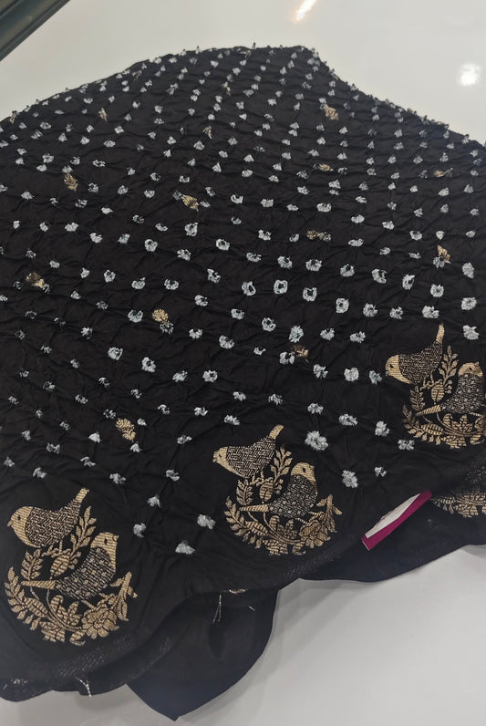 Black Pure Bandhani Georgette Saree with Zari Border & Bird Motifs