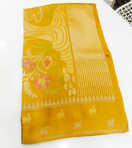 Mustard Yellow Munga Tussar Silk Saree with Floral Jaal & Animal Border