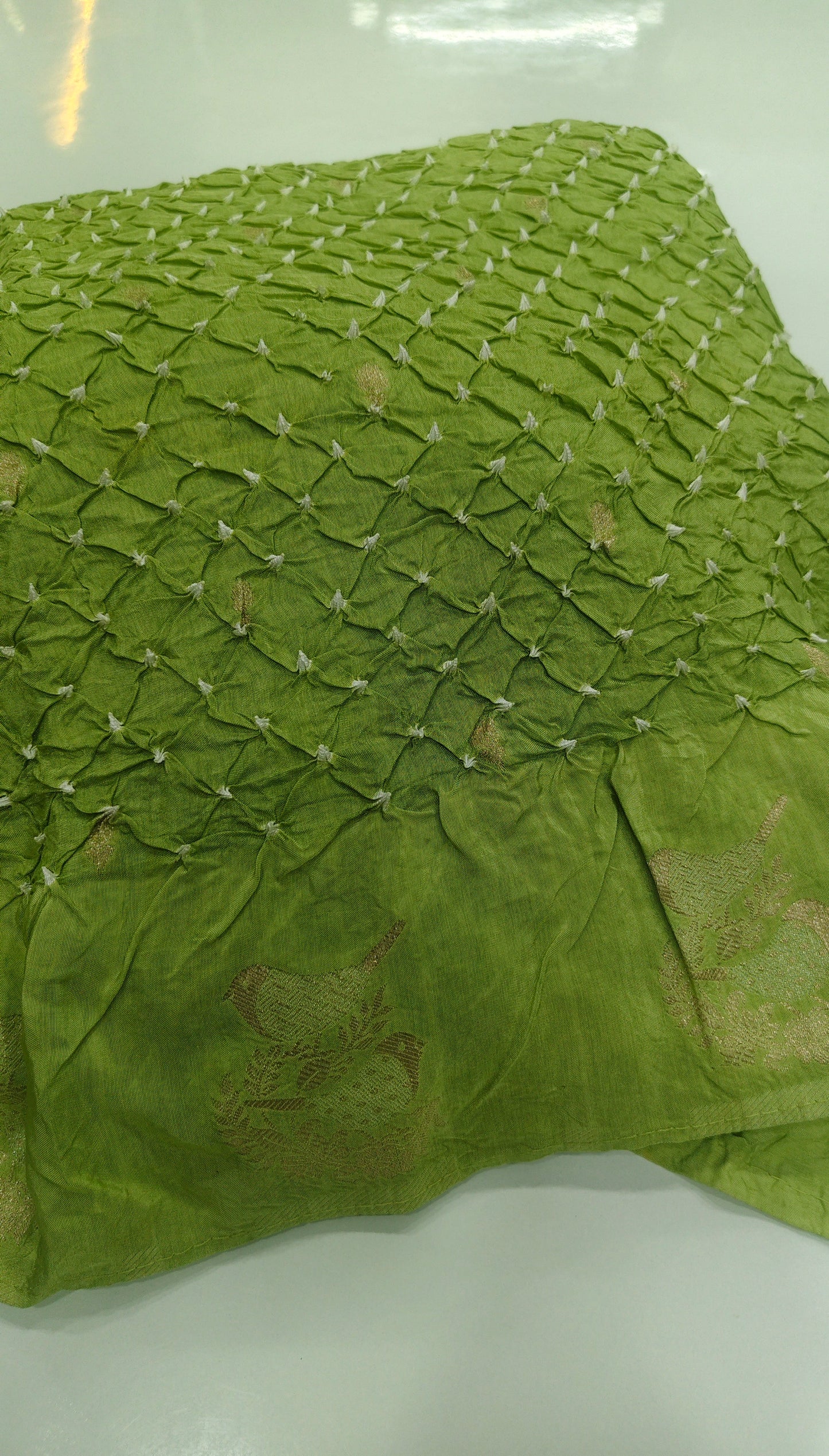 Light Green Pure Bandhani Georgette Saree with Zari Border & Bird Motifs