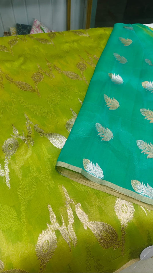 Lime Green Pure Banarasi Organza Saree with Kadwa Weaving & Teal Blouse