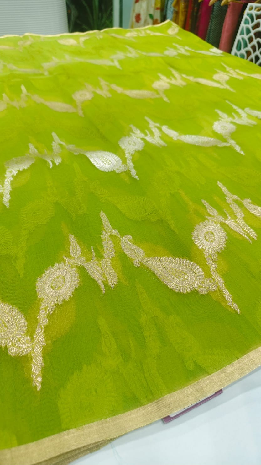 Lime Green Pure Banarasi Organza Saree with Kadwa Weaving & Teal Blouse