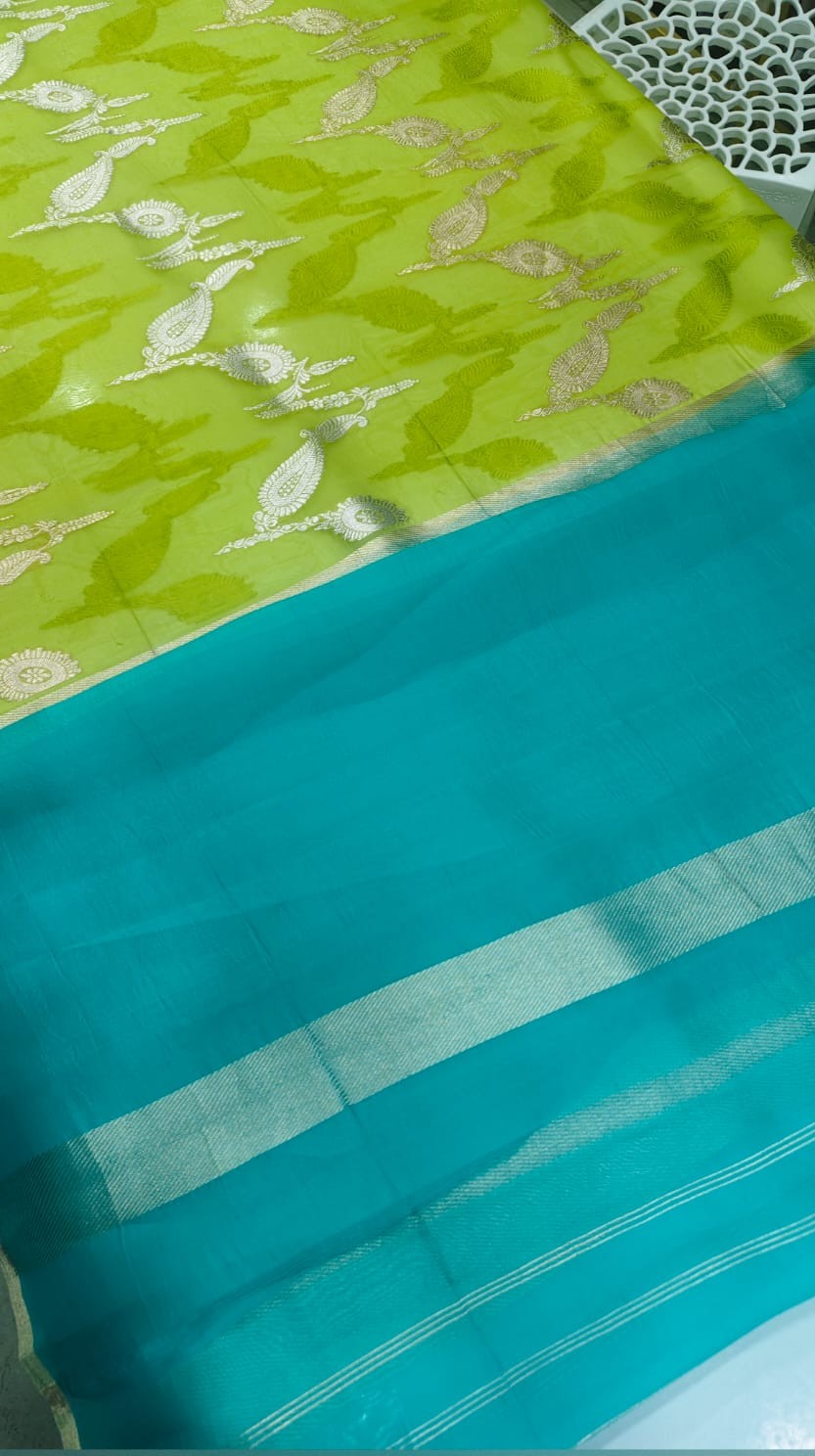 Lime Green Pure Banarasi Organza Saree with Kadwa Weaving & Teal Blouse