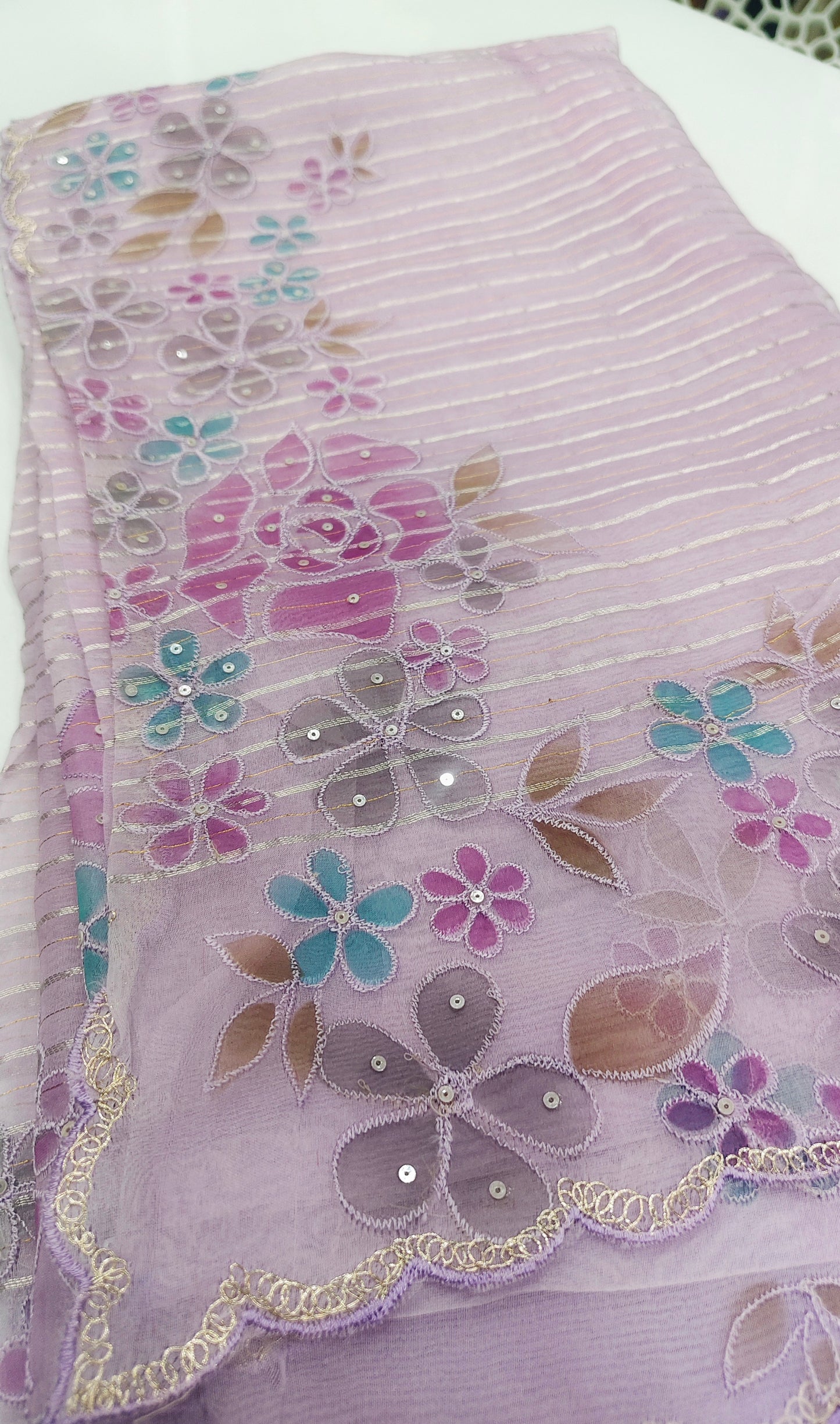 Pastel Lilac Pure Organza Saree with Cutwork Border & Sequin Embroidery
