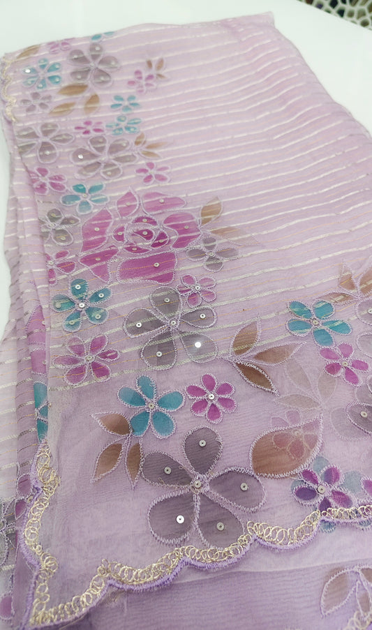 Pastel Lilac Pure Organza Saree with Cutwork Border & Sequin Embroidery
