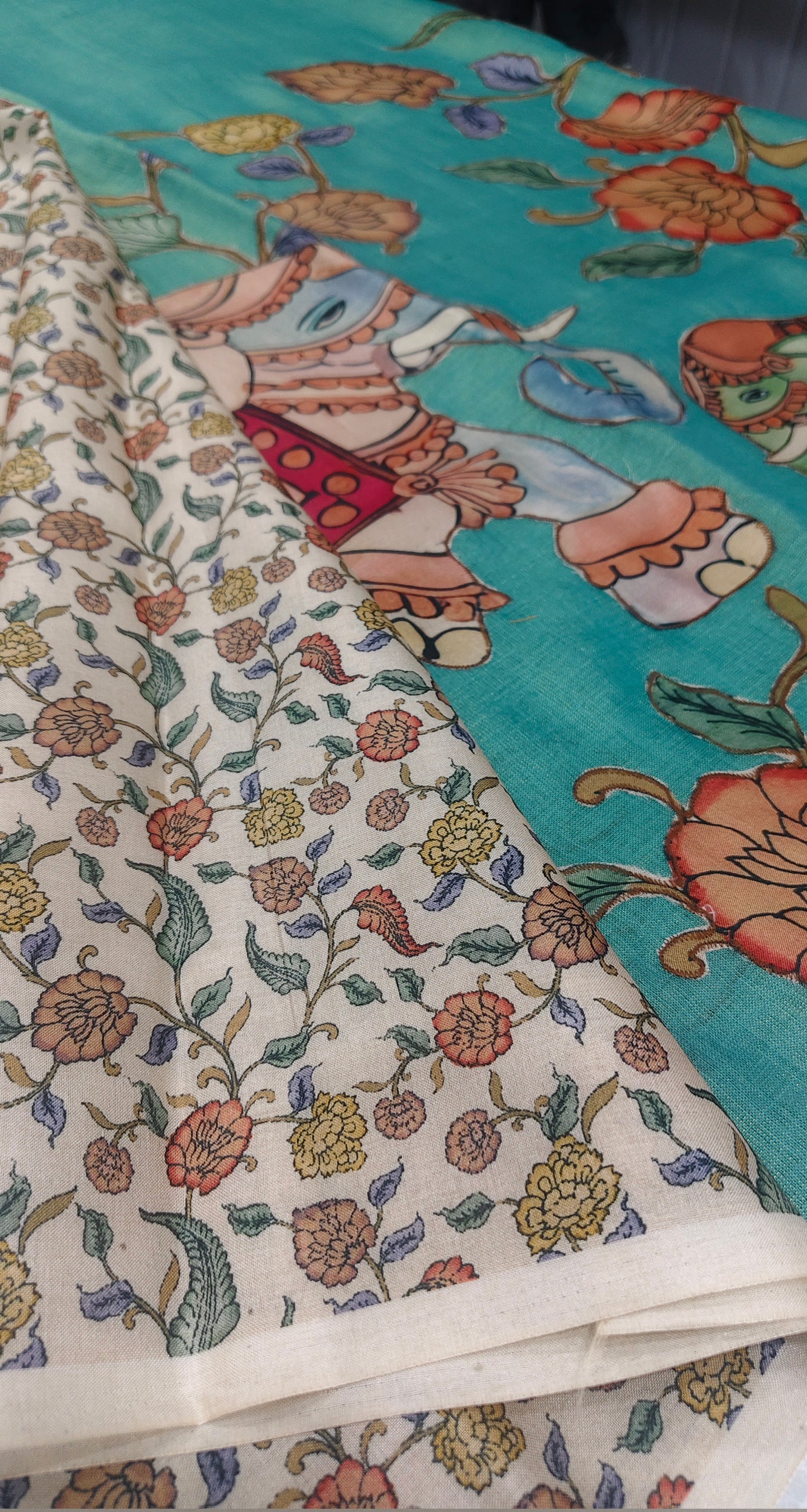 Linen Saree with Kalamkari Applique Work & Printed Blouse