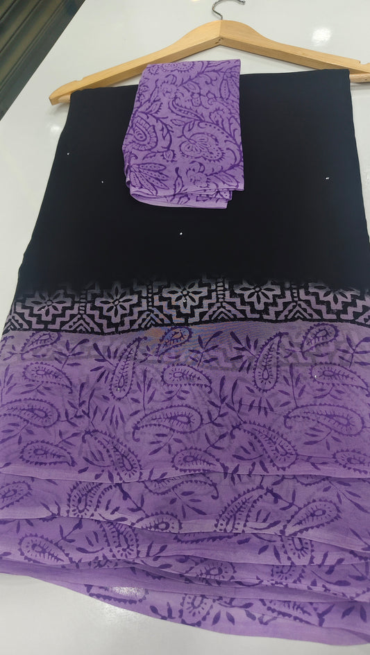 Black & Lilac Crepe Saree with Paisley Block Printed Pallu & Blouse