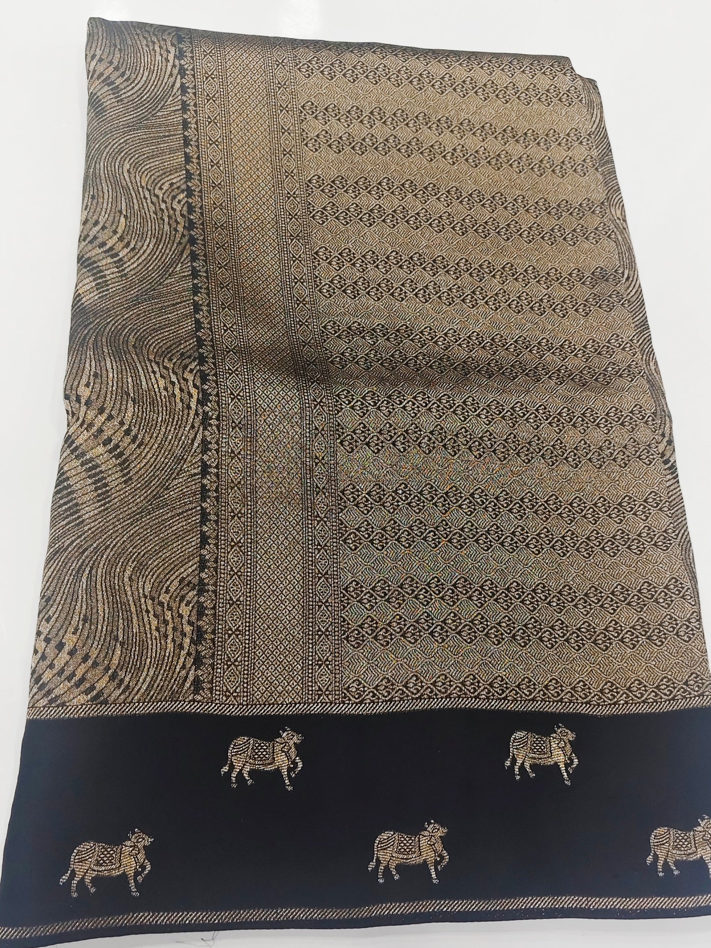 Black & Antique Gold Banarasi Saree with Pichwai Cow Motifs Border