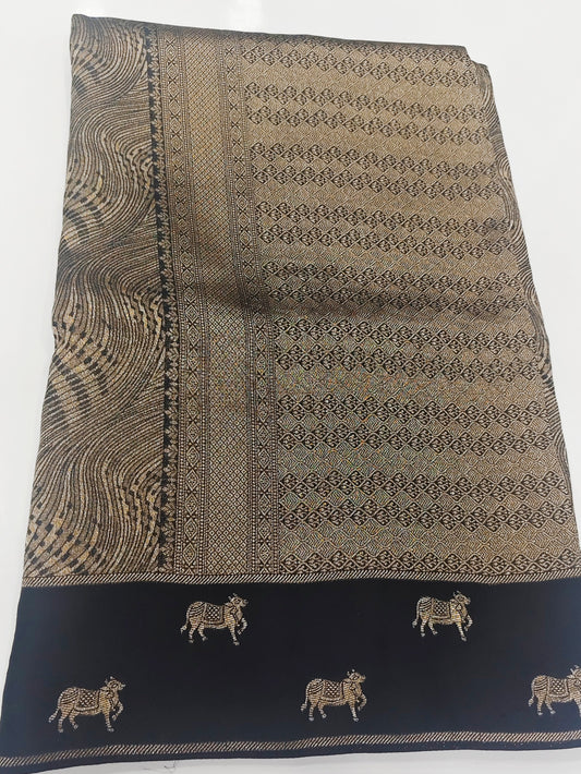 Black & Antique Gold Banarasi Saree with Pichwai Cow Motifs Border