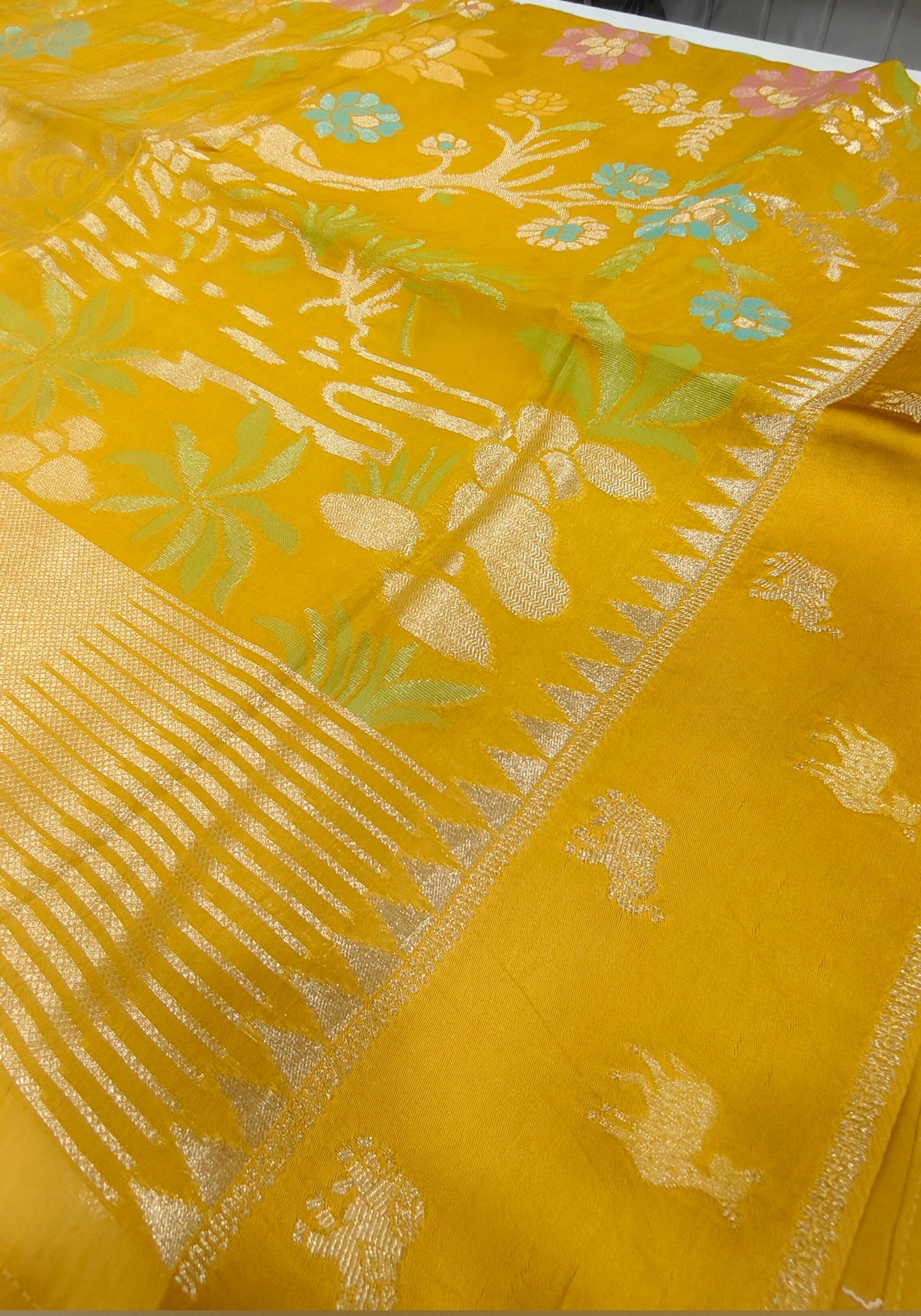 Mustard Yellow Munga Tussar Silk Saree with Floral Jaal & Animal Border