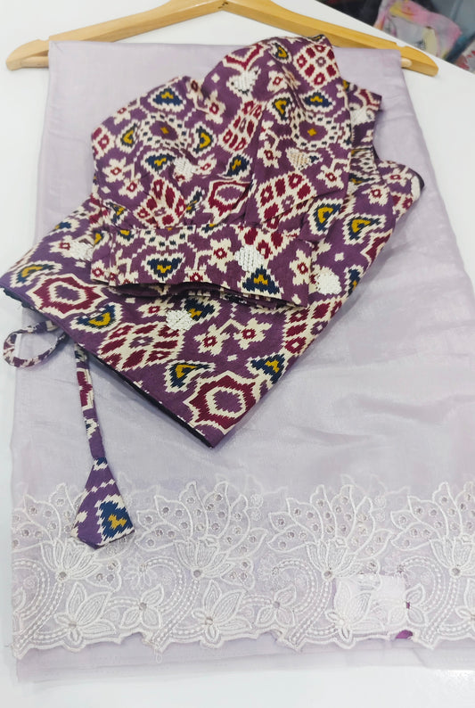 Lilac Tissue Saree with Chikankari Cutwork Border & Pochampally Ikat Blouse