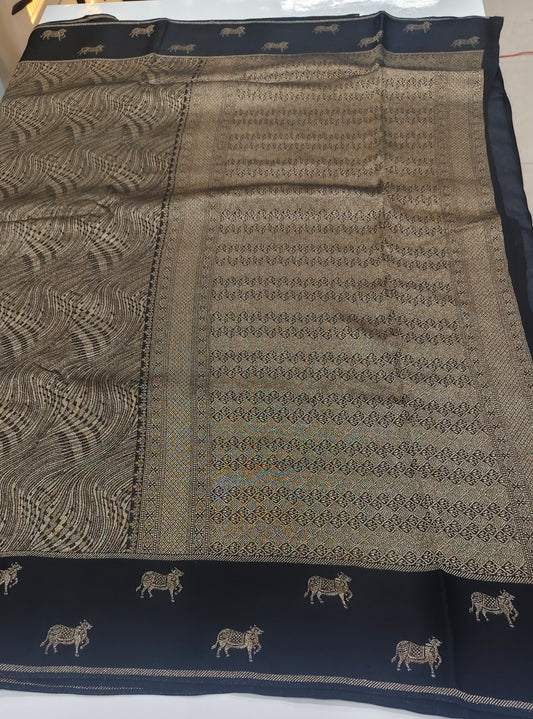 Black & Antique Gold Banarasi Saree with Pichwai Cow Motifs Border