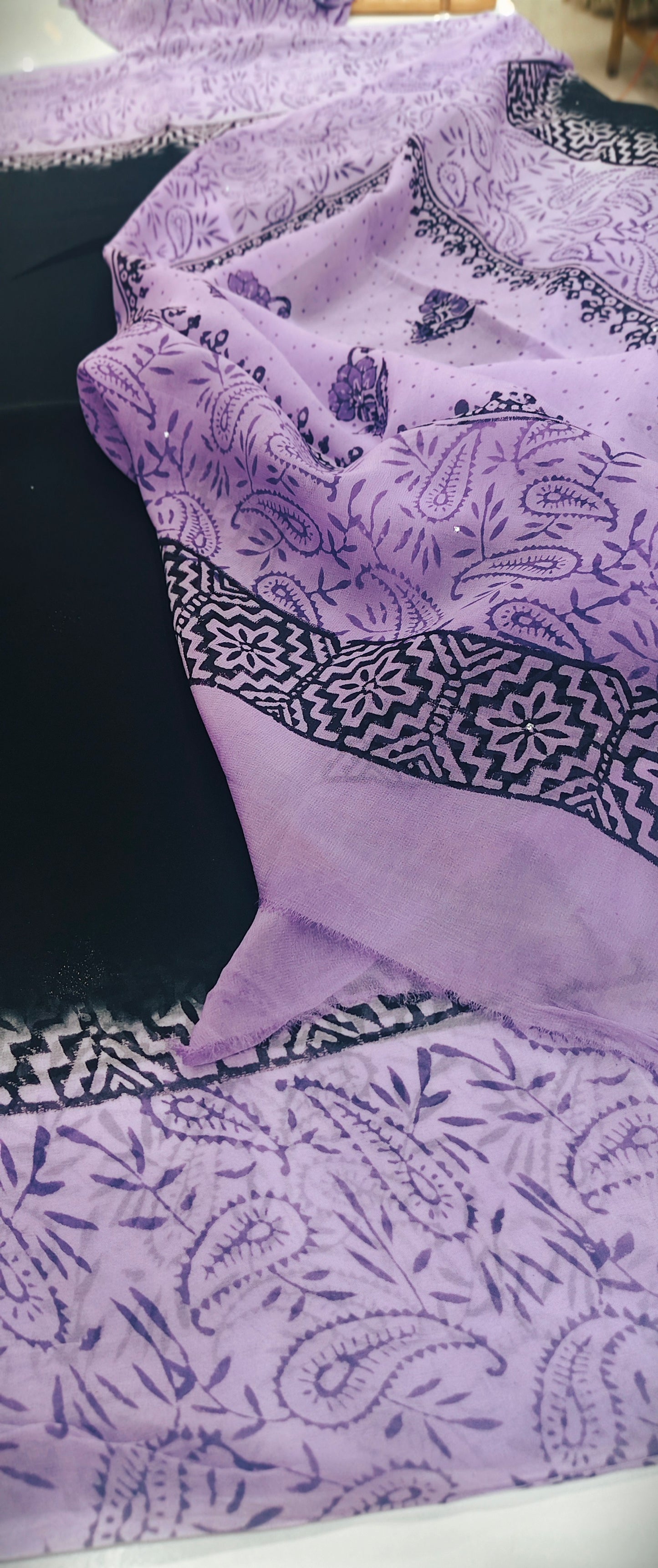 Black & Lilac Crepe Saree with Paisley Block Printed Pallu & Blouse