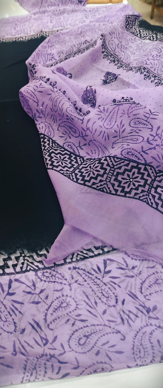 Black & Lilac Crepe Saree with Paisley Block Printed Pallu & Blouse
