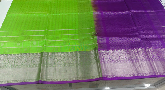 Parrot Green Pure Handloom Mangalagiri Pattu Saree with Purple Silver Kanchi Border