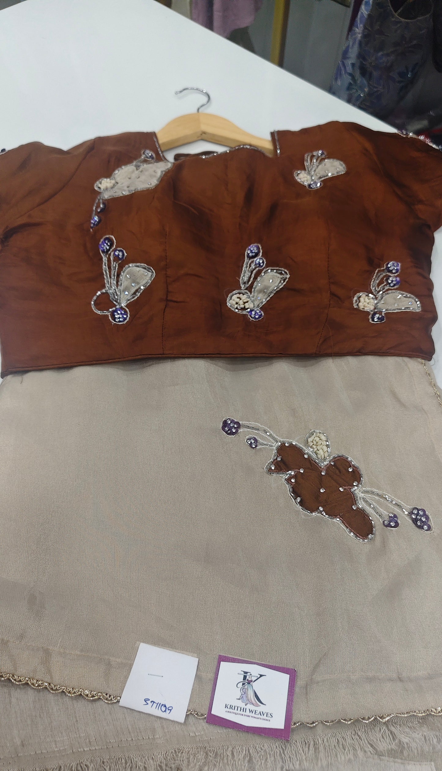 Beige Tissue Saree with All-Over Applique Work & Copper Brown Stitched Blouse